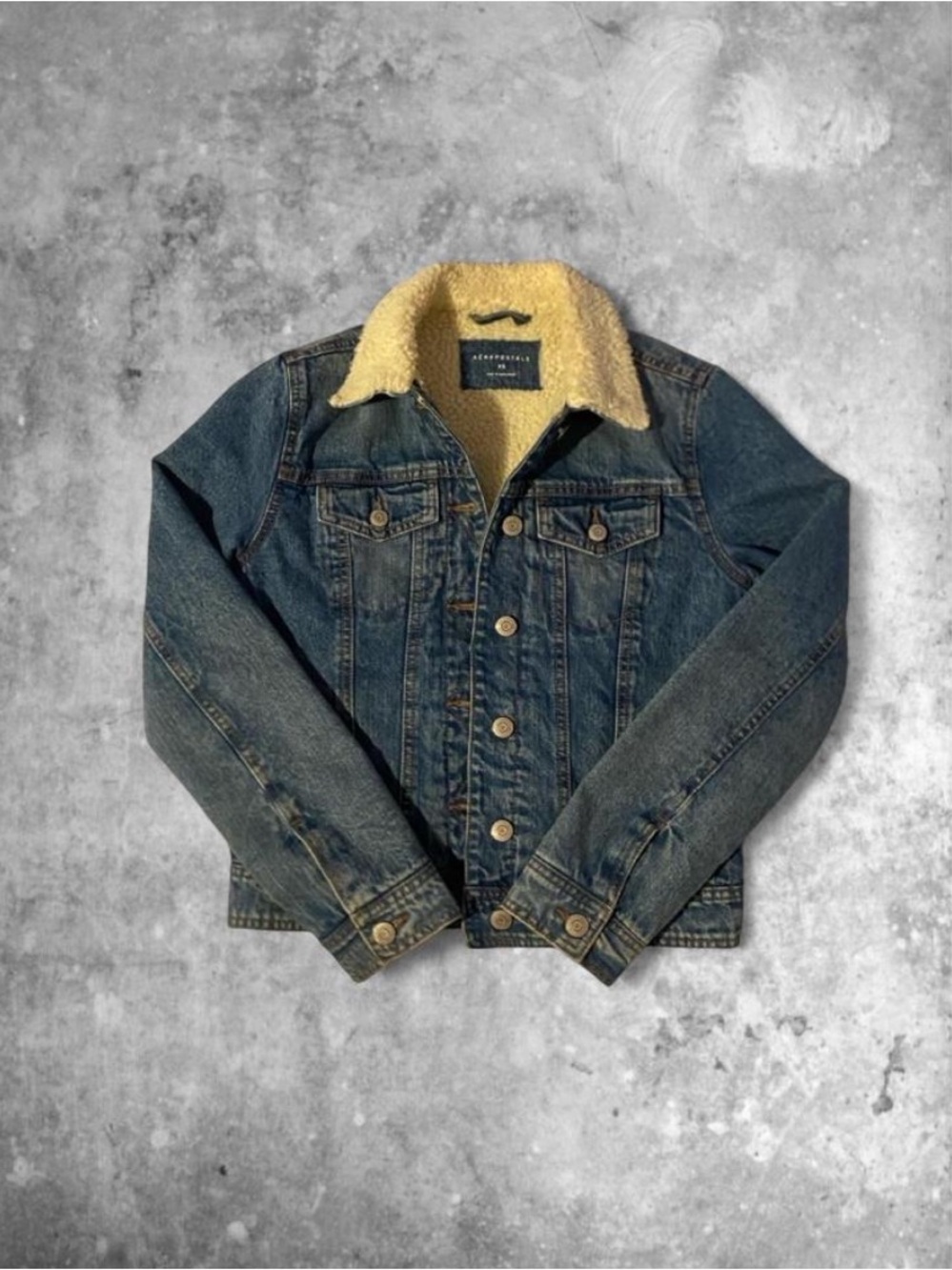 Abercrombie & Fitch Dark Blue Denim Jacket with Cream Sherpa Collar